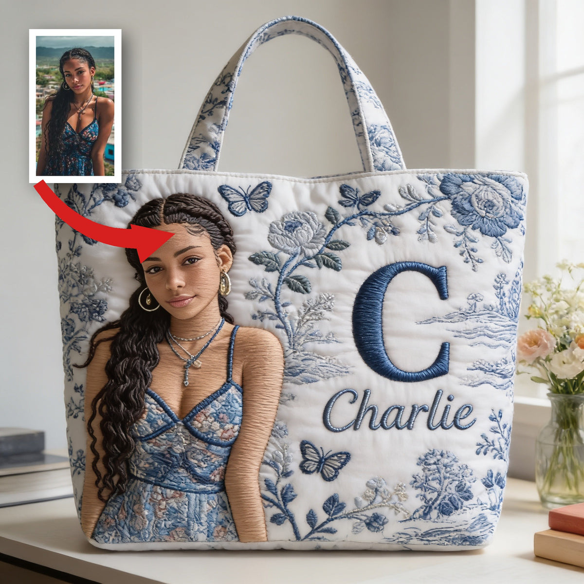 Personalized Embroidered Latina Girl Portrait Quilted Tote Bag, Custom Name Monogram Unique Self Love Everyday Carry Gift