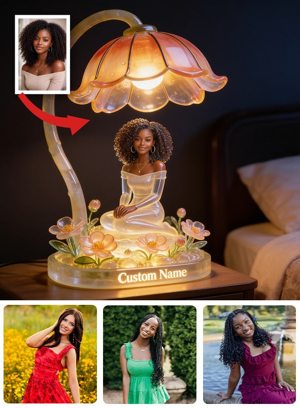 Personalized Curly Haired Black Girl Floral Acrylic LED Night Light Custom Name Self Love Bedroom Decor Gift