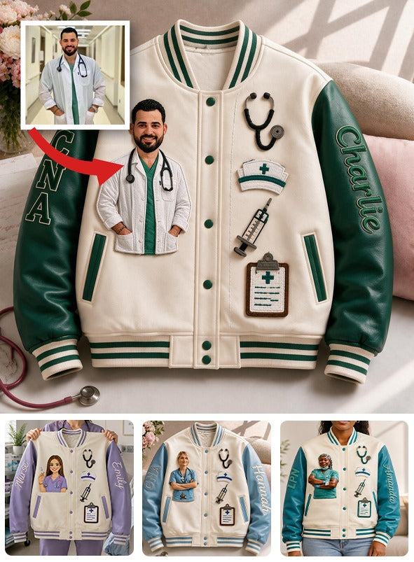 Personalized Male Nurse CNA Varsity Jacket, Custom Embroidered Healthcare Worker Appreciation Gift For Nursing Staff
