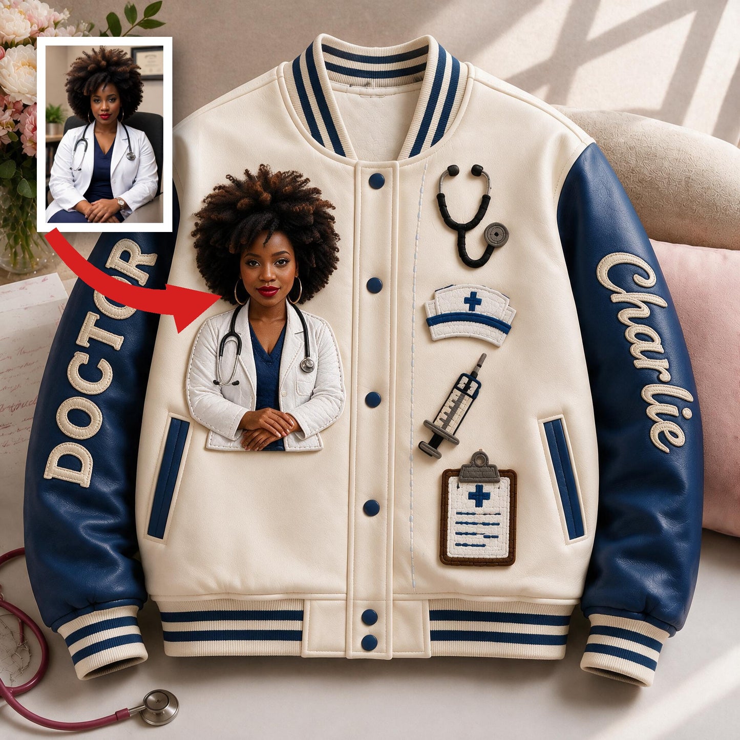 Personalized Doctor Varsity Jacket - Unique Custom Gift For Black Woman, Medical Professionals Casual Everyday Streetwear Outerwear