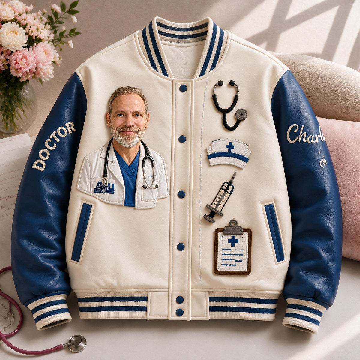 Custom Personalized Older Doctor Varsity Jacket | Thoughtful Appreciation Gift For Medical Professionals Birthday Graduation Casual Outerwear