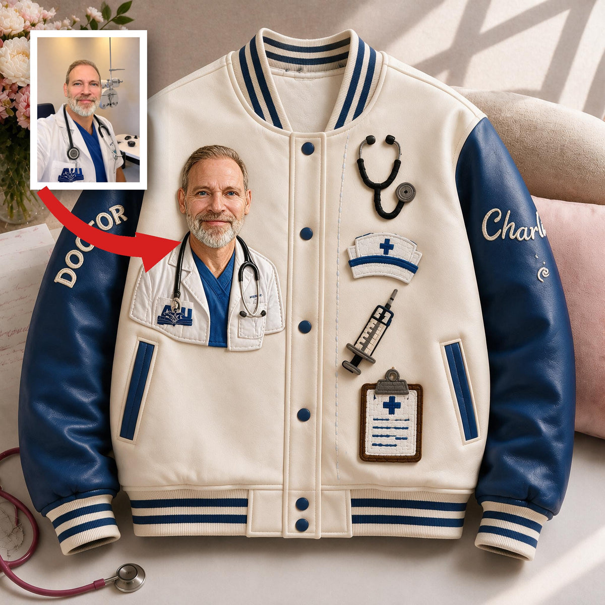 Custom Personalized Older Doctor Varsity Jacket | Thoughtful Appreciation Gift For Medical Professionals Birthday Graduation Casual Outerwear