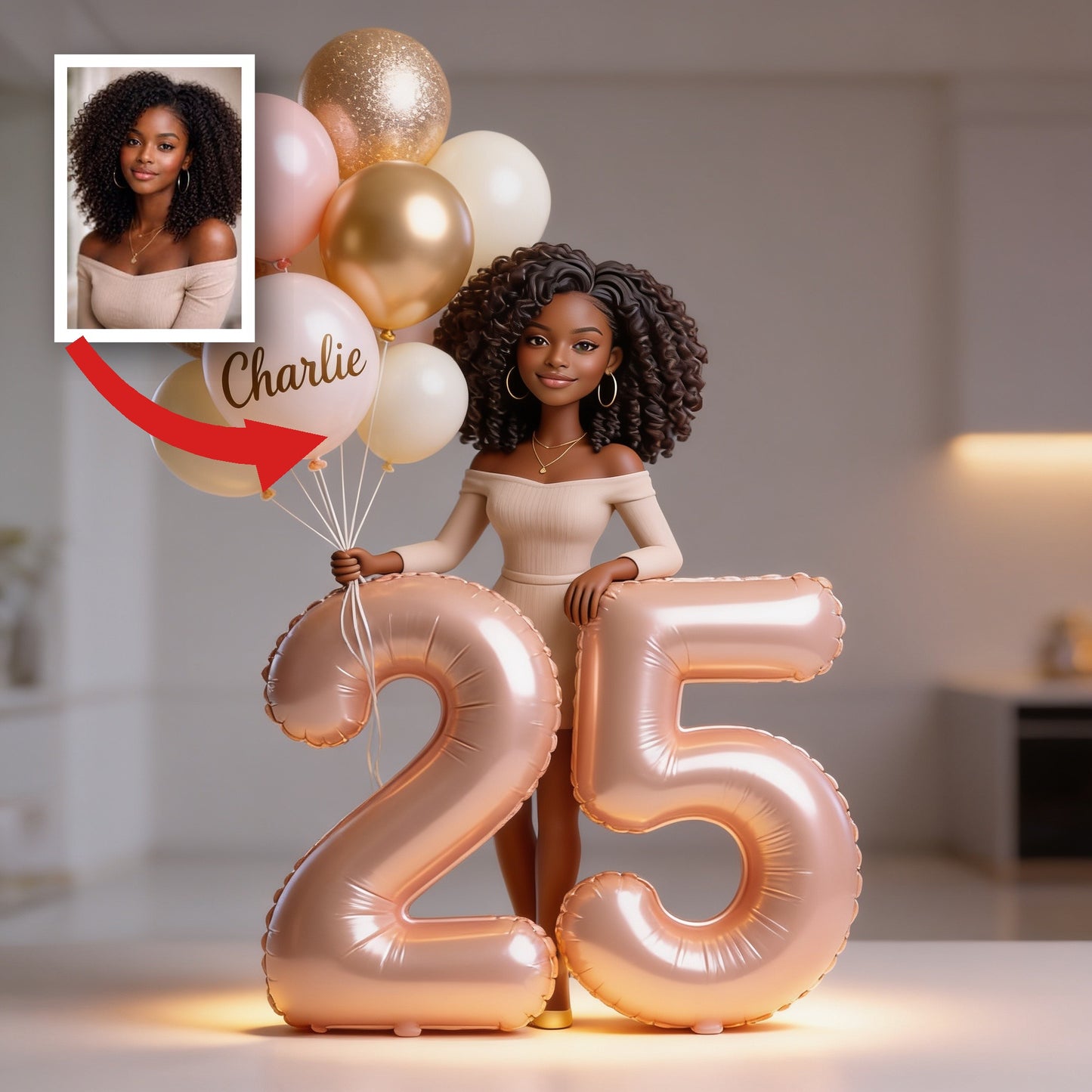 Custom Personalized Birthday Acrylic Plaque - Elegant Adult Black Woman Portrait with Balloons & Custom Age Number, Unique Gift for Her
