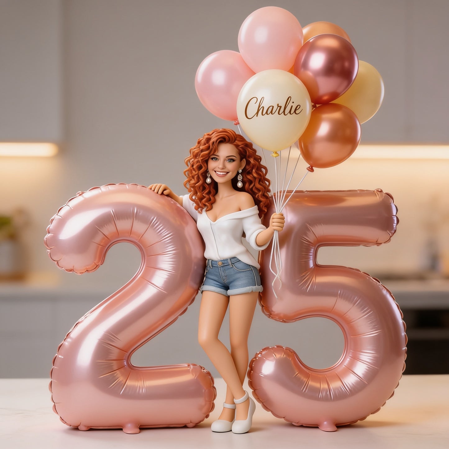 Personalized Birthday Custom Shaped Acrylic Plaque, Curly Red Hair Adult Latina Woman with Balloons & Custom Age Number, Unique Milestone Gift