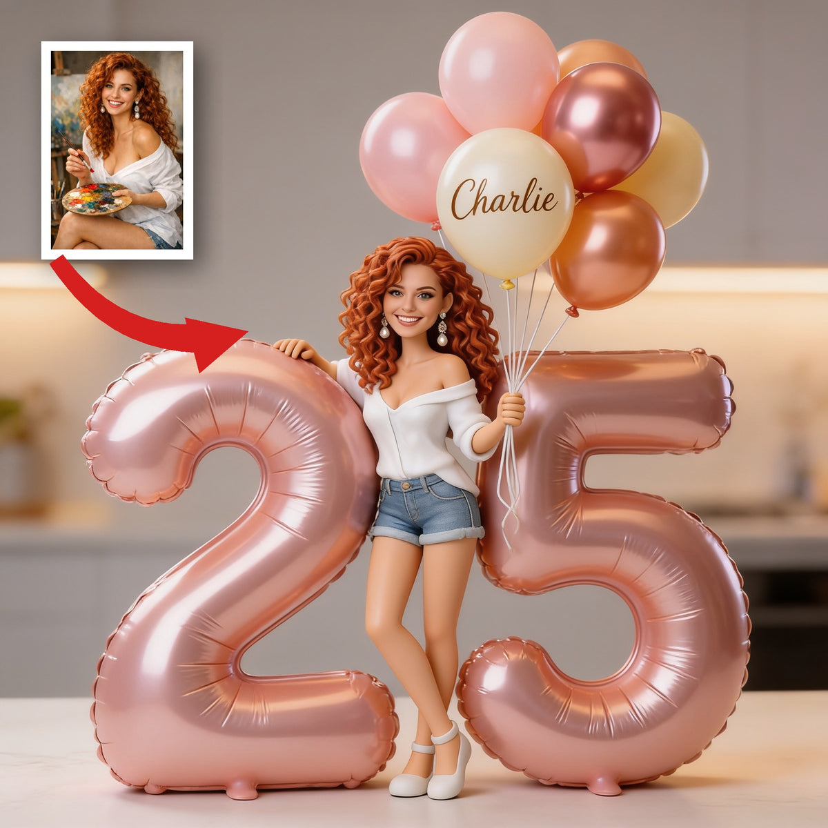 Personalized Birthday Custom Shaped Acrylic Plaque, Curly Red Hair Adult Latina Woman with Balloons & Custom Age Number, Unique Milestone Gift