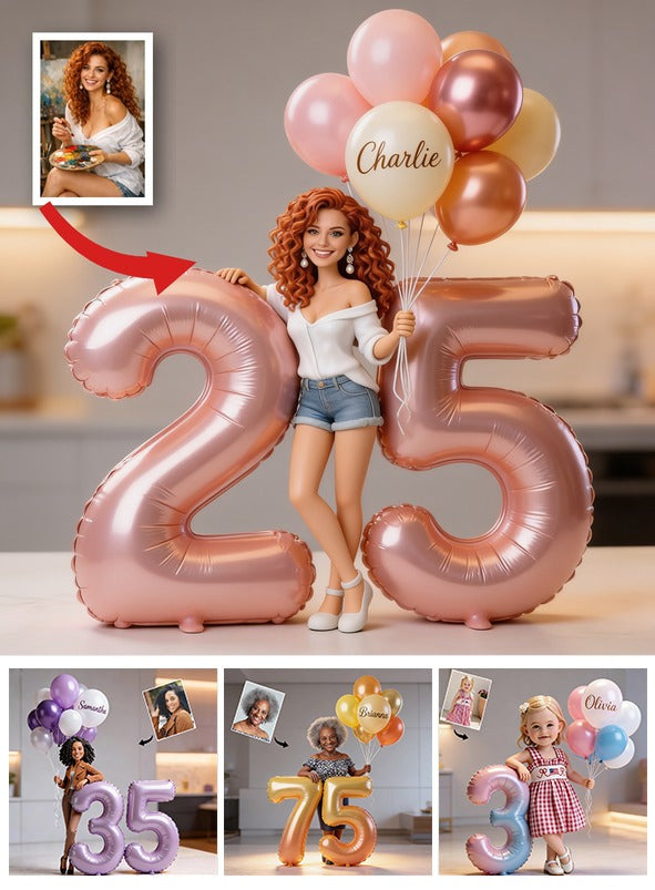 Personalized Birthday Custom Shaped Acrylic Plaque, Curly Red Hair Adult Latina Woman with Balloons & Custom Age Number, Unique Milestone Gift