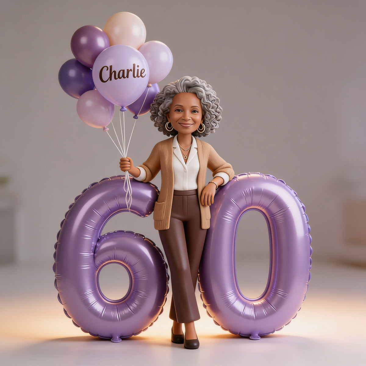 Personalized 60th Birthday Custom Shaped Acrylic Plaque, Elegant Older Black Woman Portrait with Balloons Milestone Keepsake Gift