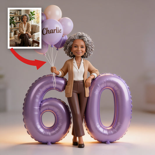 Personalisierte 60. Geburtstags-Acrylplakette, Elegantes Porträt einer älteren schwarzen Frau mit Ballons