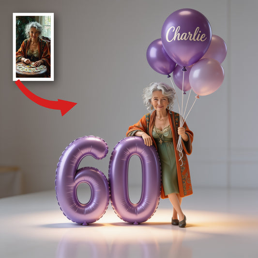 Personalisierte 60. Geburtstags-Acrylplakette in Sonderform, elegante ältere Latina mit Luftballons, Erinnerungsgeschenk für Oma