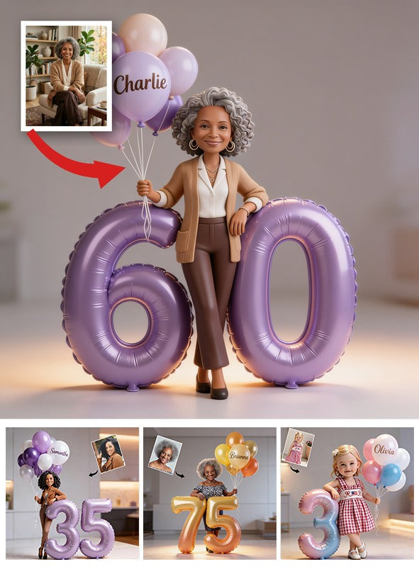 Personalized 60th Birthday Custom Shaped Acrylic Plaque, Elegant Older Black Woman Portrait with Balloons Milestone Keepsake Gift