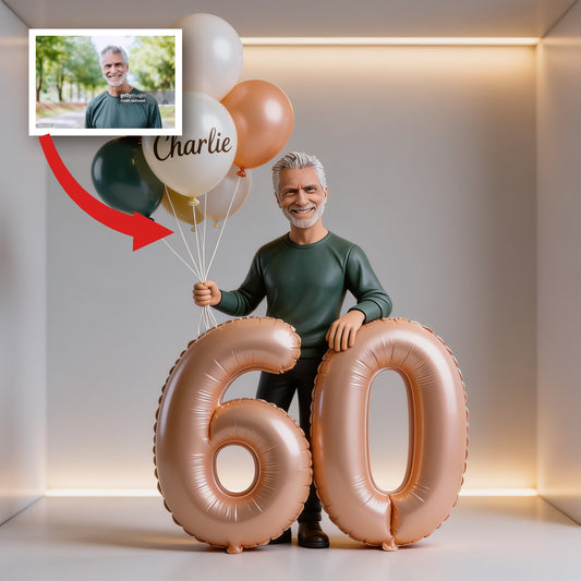 Personalisierte 60. Geburtstags-Acrylplakette, Porträt eines älteren lateinischen Mannes mit Ballons, einzigartiges Geschenk für ihn