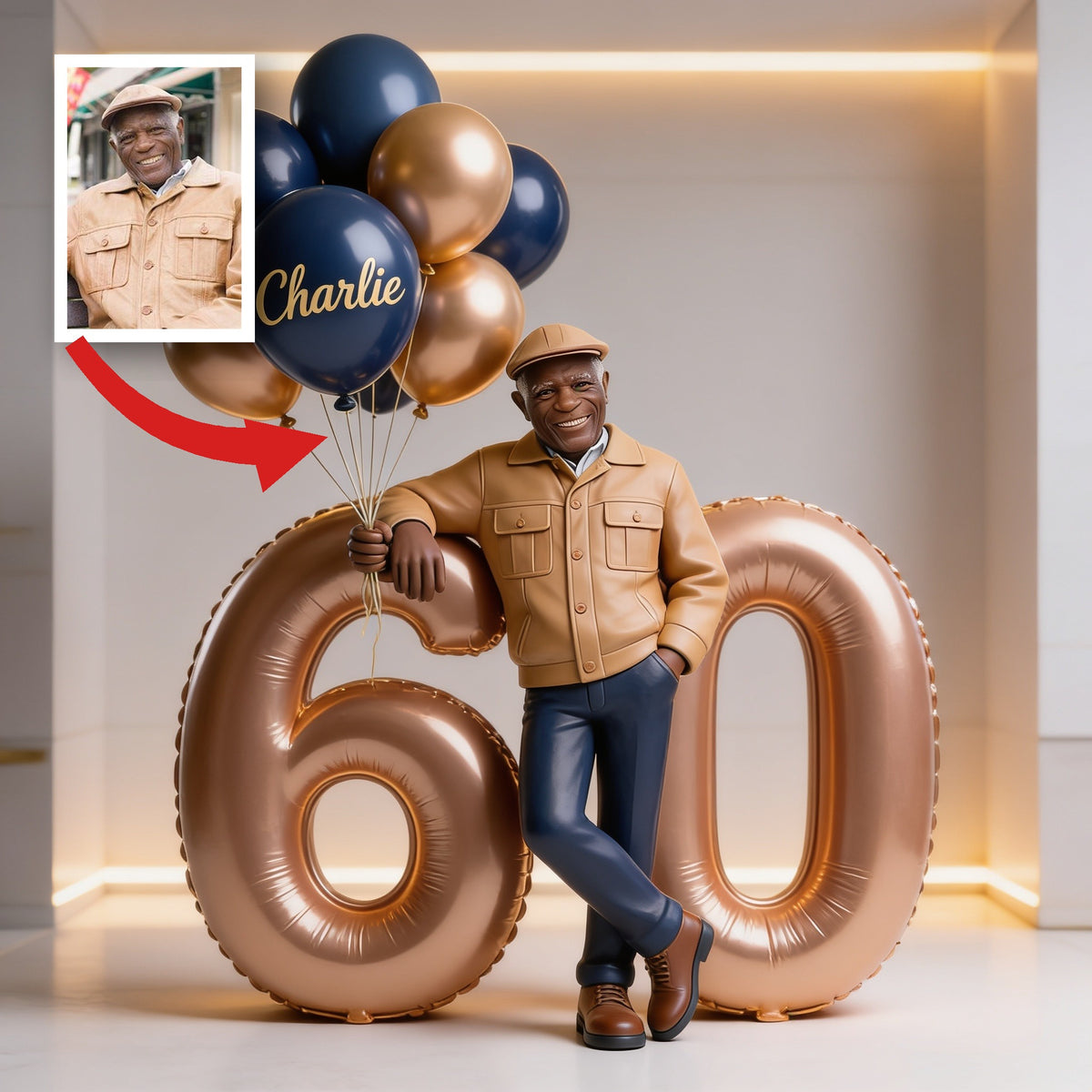 Personalized Custom Photo 60th Birthday Acrylic Plaque - Smiling Older Black Man Balloon Milestone Keepsake Gift
