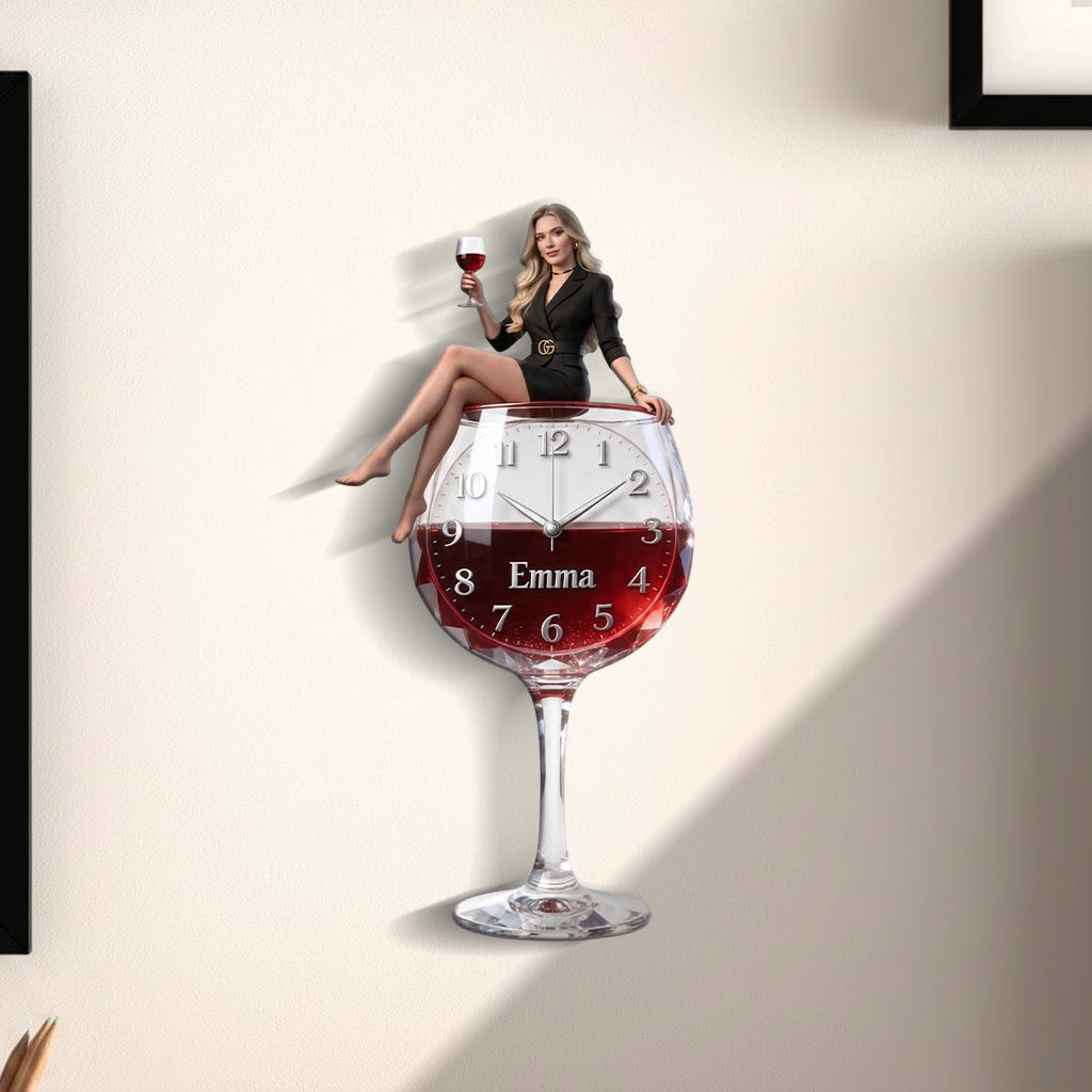 Custom Wine Glass Acrylic Wall Clock, Cute Blonde Adult Woman Design, Unique Wine Lover Home Decor Gift