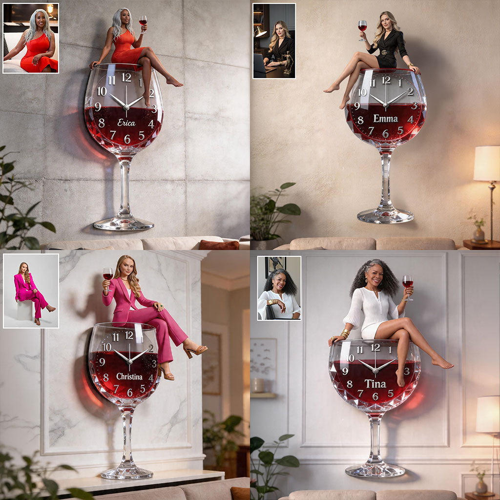 Personalized Wine Glass Acrylic Wall Clock, Elegant Older Latina Woman Wine Lover Custom Drinking Hour Home Bar Gift