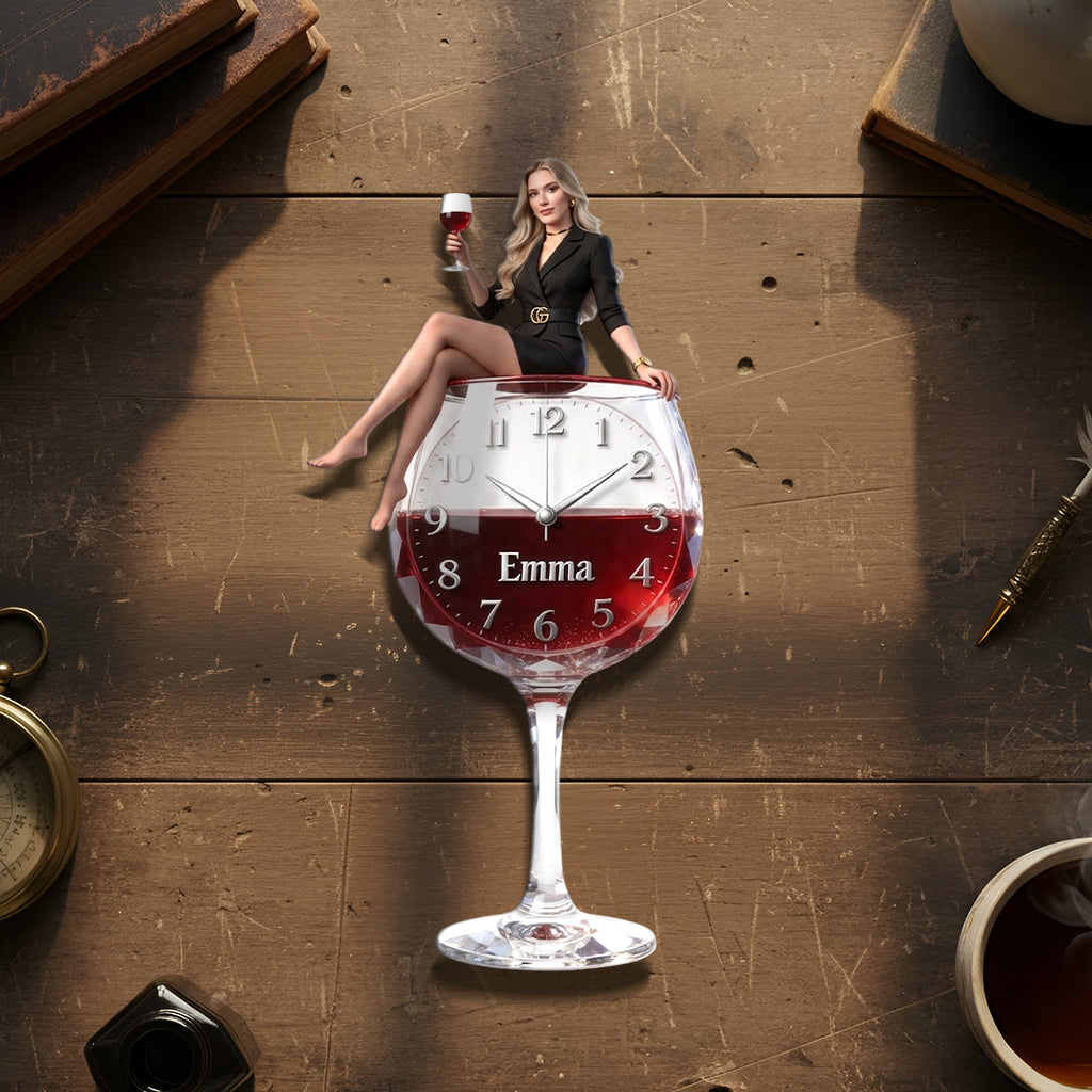Personalized Wine Glass Shaped Acrylic Wall Clock, Elegant Latina Woman Wine Lover Themed Unique Home Decor Gift