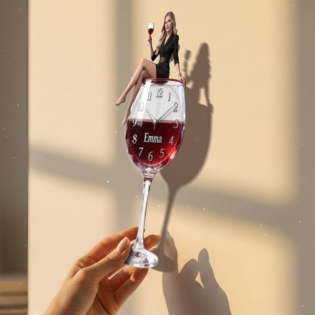 Personalized Wine Glass Shaped Acrylic Wall Clock, Cheerful Older Black Woman Wine Lover Design, Unique Home Decor Gift