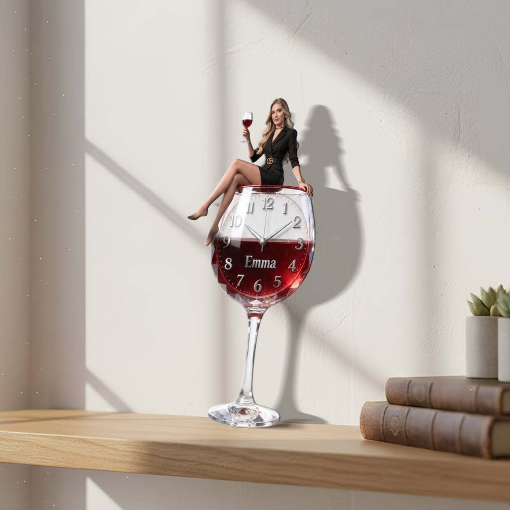 Personalized Wine Glass Shaped Acrylic Wall Clock, Elegant Latina Woman Wine Lover Themed Unique Home Decor Gift