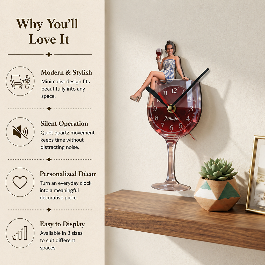 Personalized Wine Glass Shaped Acrylic Wall Clock, Elegant Latina Woman Wine Lover Themed Unique Home Decor Gift