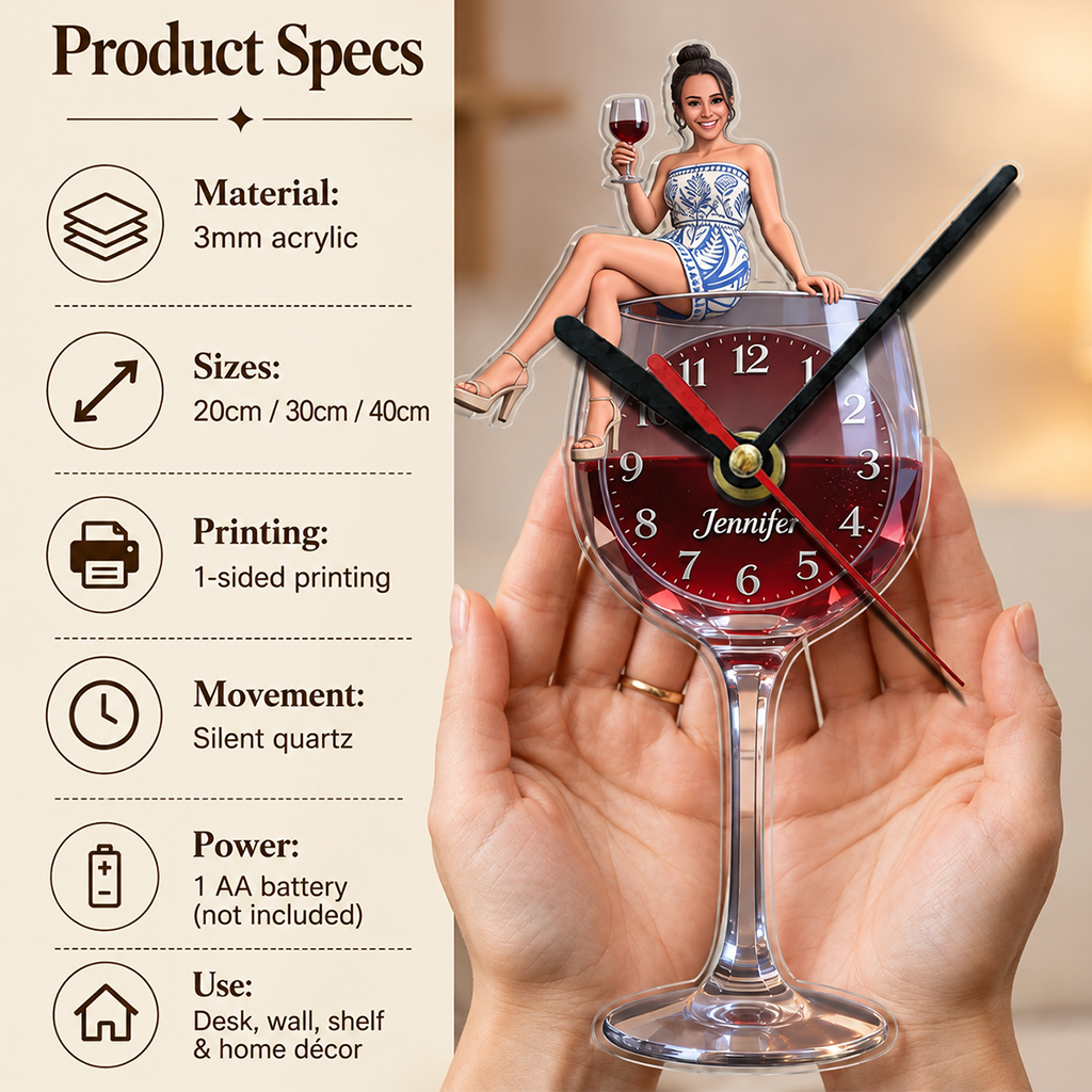 Custom Elegant Older Woman Wine Glass Acrylic Wall Clock | Personalized Wine Lover Home Decor Retirement Gift