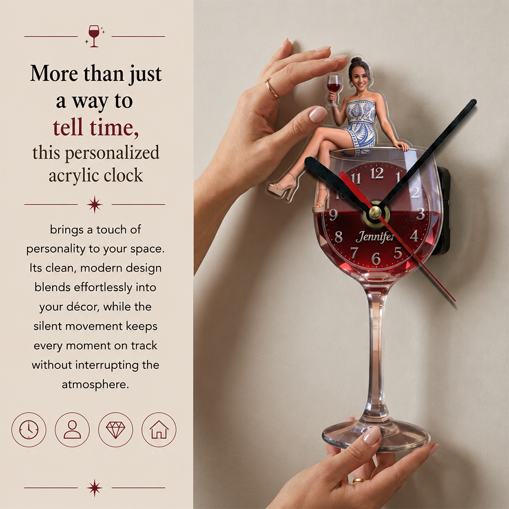 Custom Elegant Older Woman Wine Glass Acrylic Wall Clock | Personalized Wine Lover Home Decor Retirement Gift