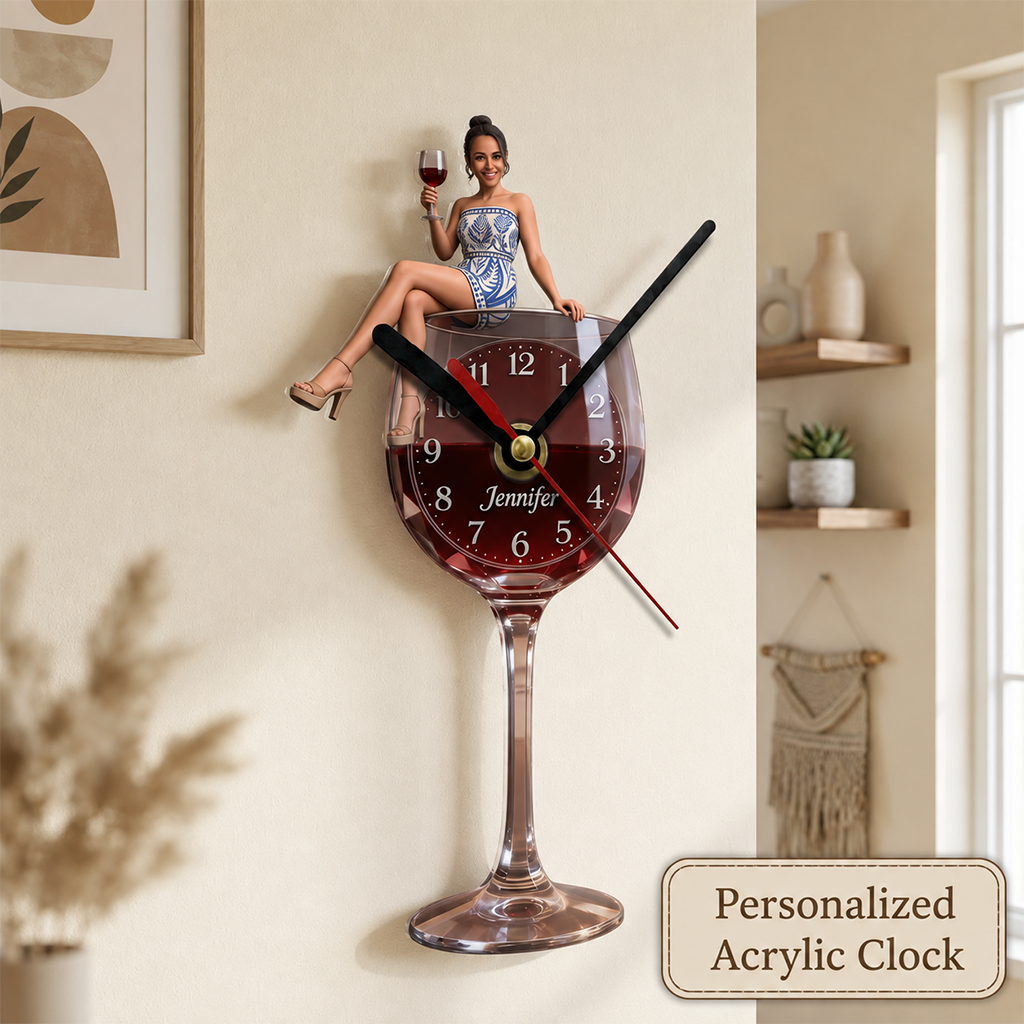 Personalized Curly Haired Adult Black Woman Wine Glass Acrylic Wall Clock, Unique Wine Lover Home Decor Gift