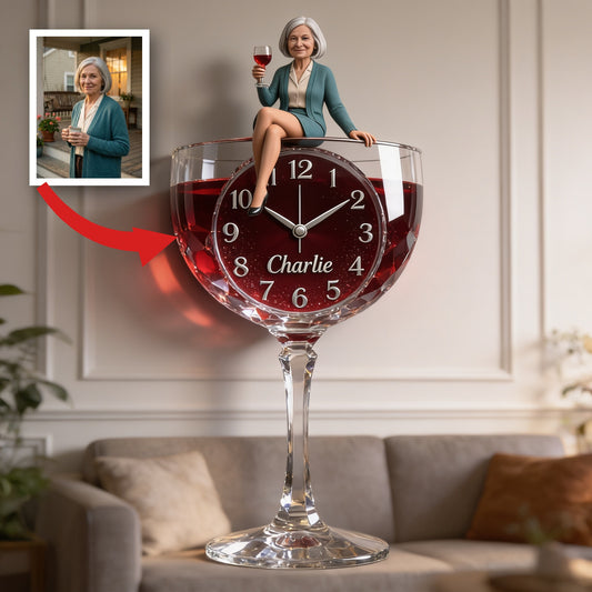 Horloge Murale Acrylique Personnalisée Femme Âgée Élégante | Décor Maison Amoureuse du Vin Cadeau Retraite