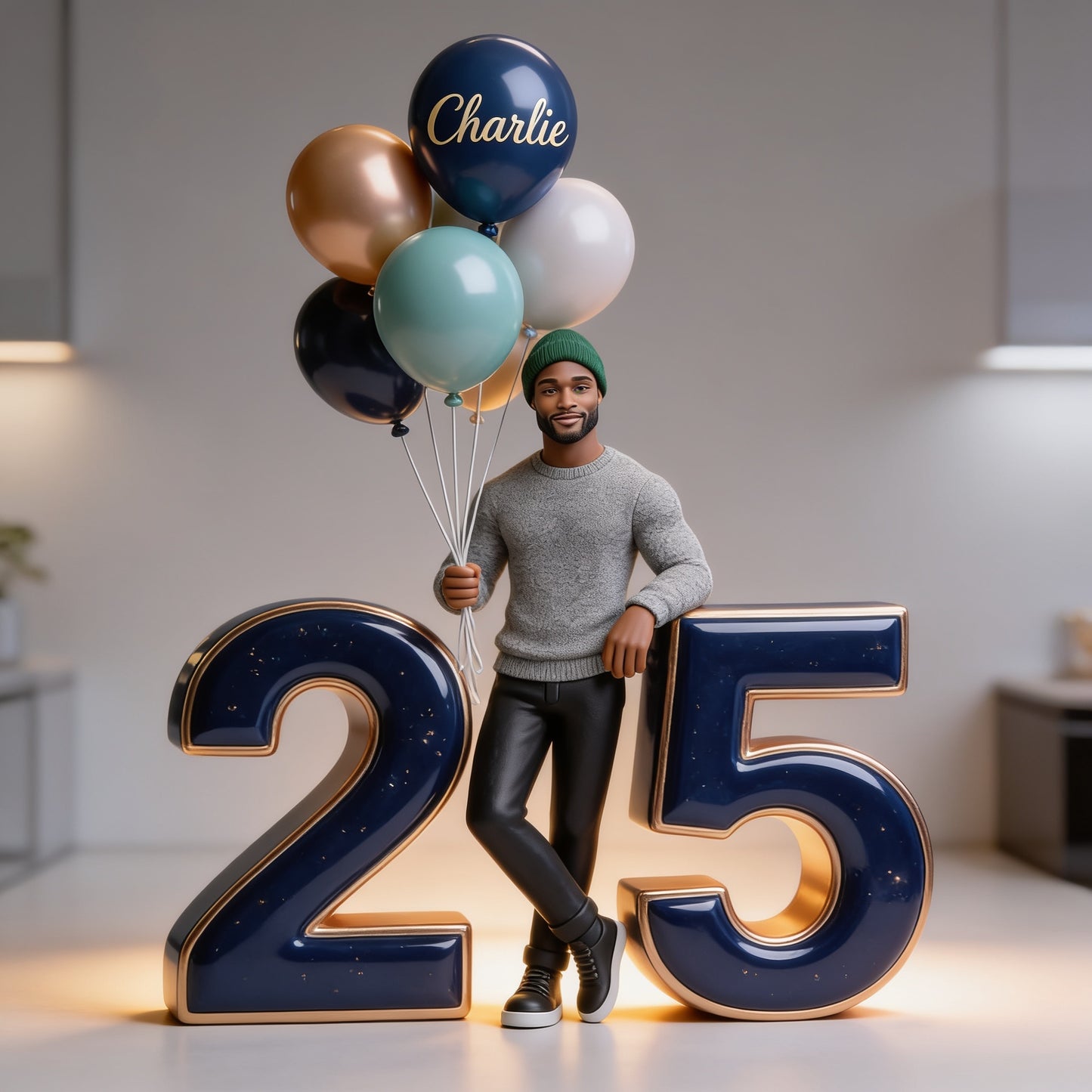 Custom Shaped Acrylic Plaque - Personalized Black Man 25th Birthday Portrait with Balloons & Milestone Age Number Gift for Him