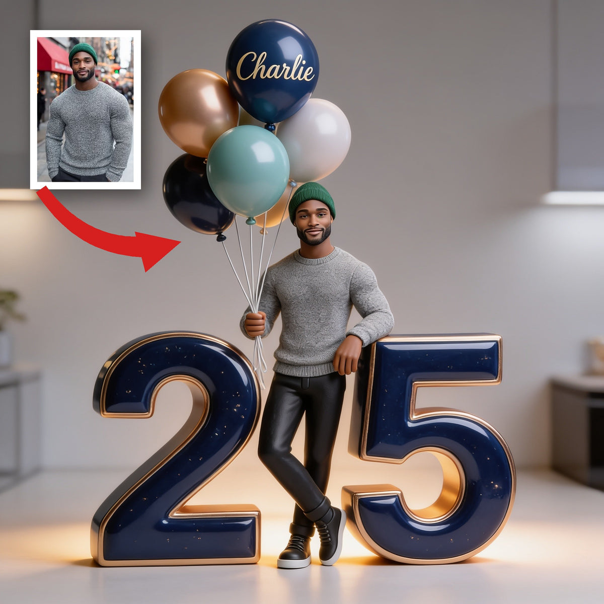Custom Shaped Acrylic Plaque - Personalized Black Man 25th Birthday Portrait with Balloons & Milestone Age Number Gift for Him