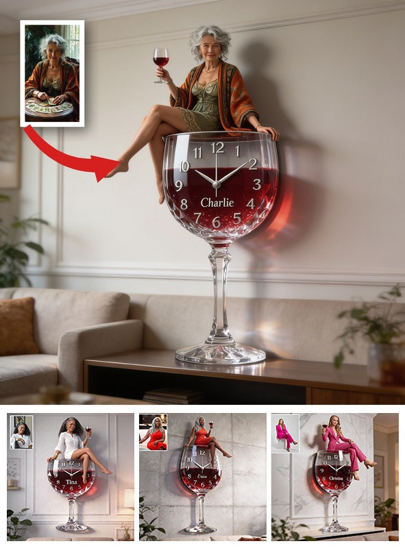 Personalized Wine Glass Acrylic Wall Clock, Elegant Older Latina Woman Wine Lover Custom Drinking Hour Home Bar Gift