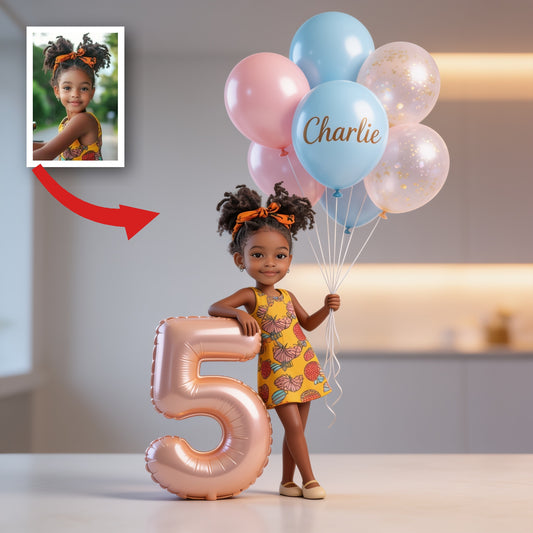 Personalisierte Acrylplakette in benutzerdefinierter Form, süßes kleines Latina-Kind mit Geburtstagsballons & individuellem Alter, Geschenk zur Kindergeburtstagsfeier