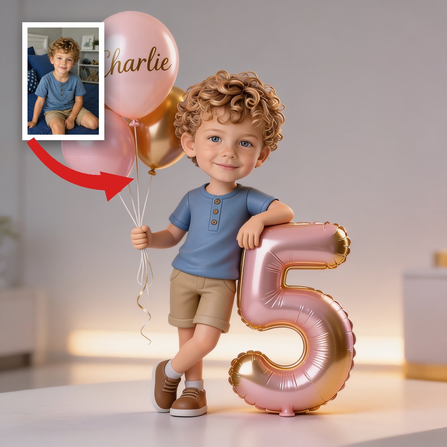 Personalized Curly-Haired Little Boy Birthday Acrylic Plaque - Custom Photo Balloons Age Number Kid Birthday Keepsake Gift