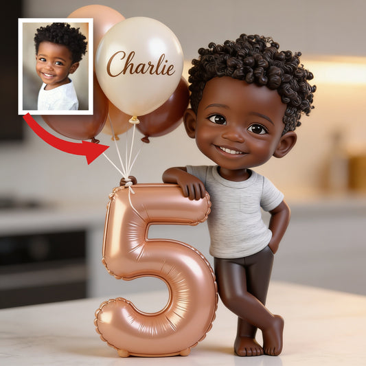 Personalisierte süße kleine schwarze Jungen-Geburtstags-Acrylplakette mit Namen, Alter und Ballons, Geschenk zur Kindermilestone