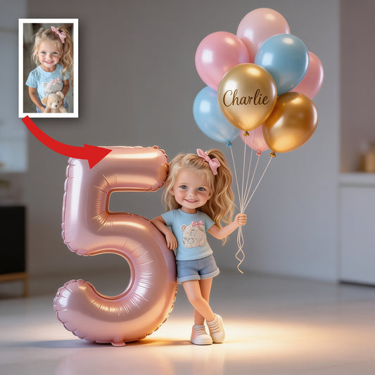 Personalisierte Kindergeburtstag Acrylplakette in Sonderform - Süßes Mädchen mit Luftballons & individuellem Alter Geschenk