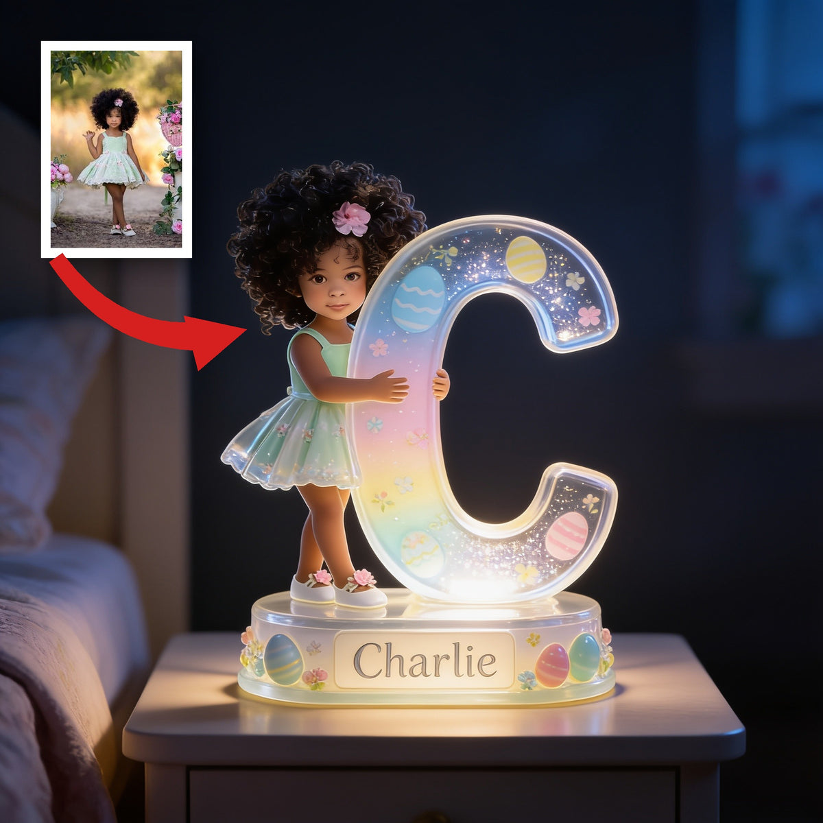 Personalized Easter Curly Haired Young Girl Acrylic LED Night Light Black Kids Gift