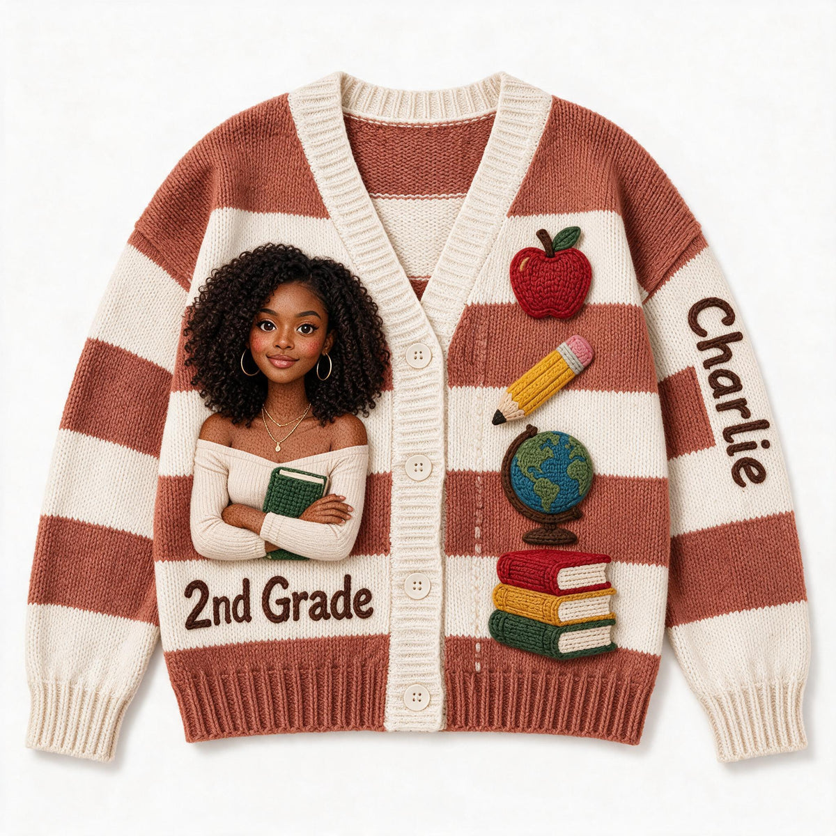 Personalized 2nd Grade Black Woman Teacher Cardigan Sweater Teacher Gift