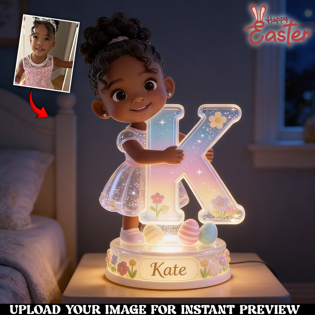 Personalized Easter Young Girl Acrylic LED Night Light Kids Bedroom Gift