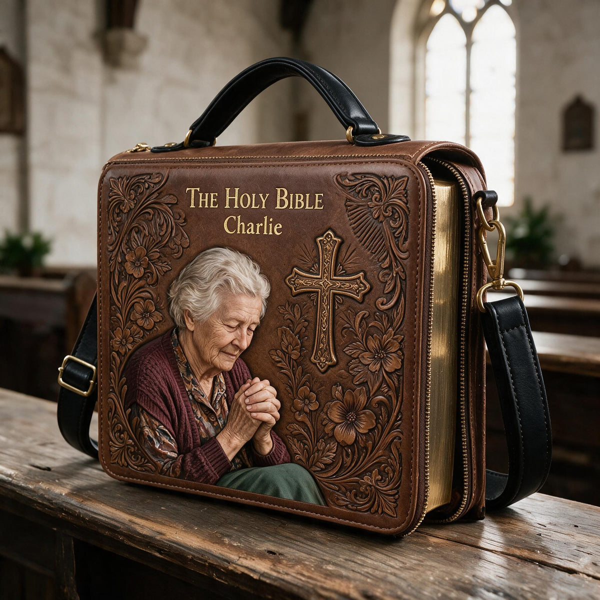 Custom Photo Praying Elderly Woman Leather Bible Cover Bag Christian Gift
