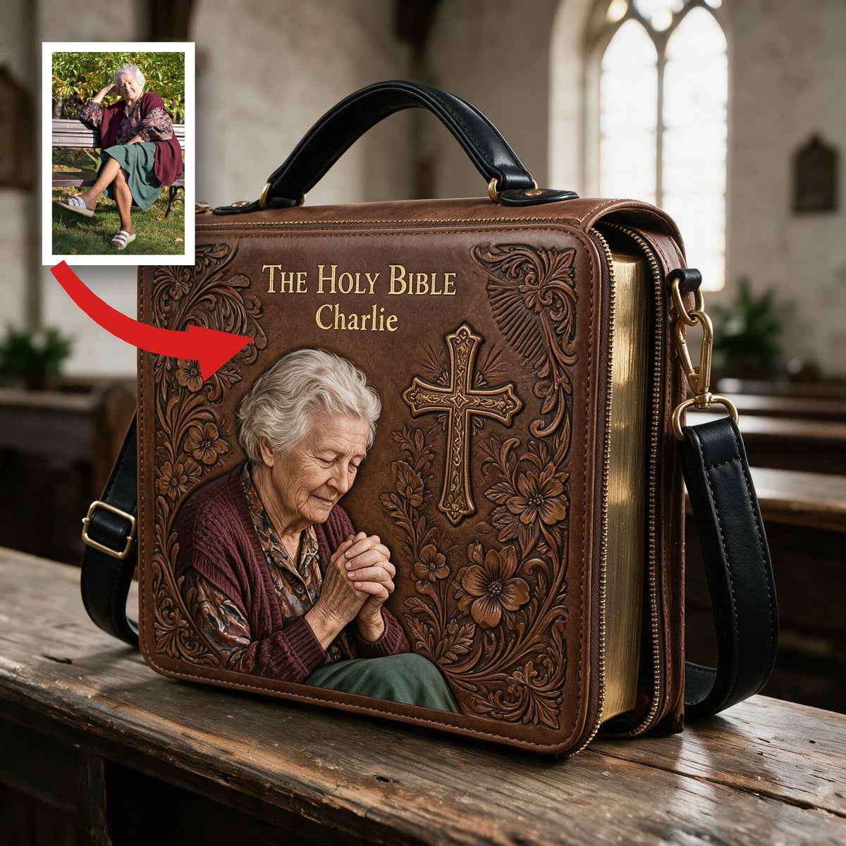 Custom Photo Praying Elderly Woman Leather Bible Cover Bag Christian Gift