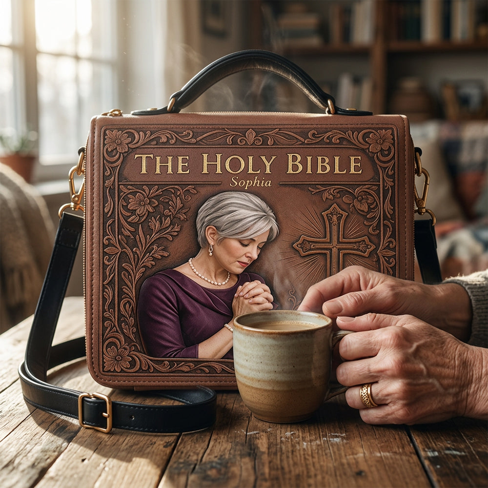 Custom Photo Praying Elderly Woman Leather Bible Cover Bag Christian Gift