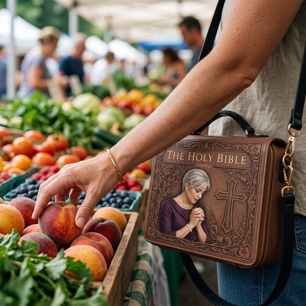 Custom Photo Praying Elderly Woman Leather Bible Cover Bag Christian Gift