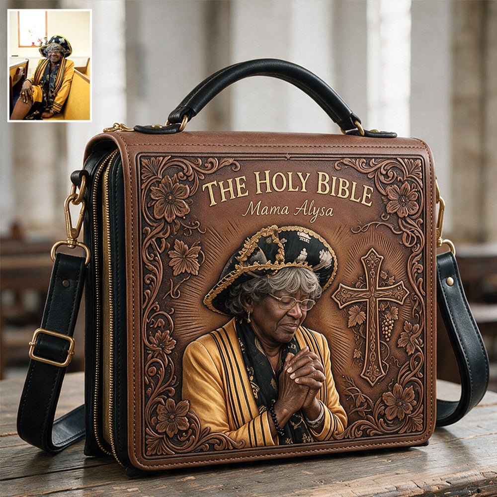 Custom Photo Praying Elderly Woman Leather Bible Cover Bag Christian Gift