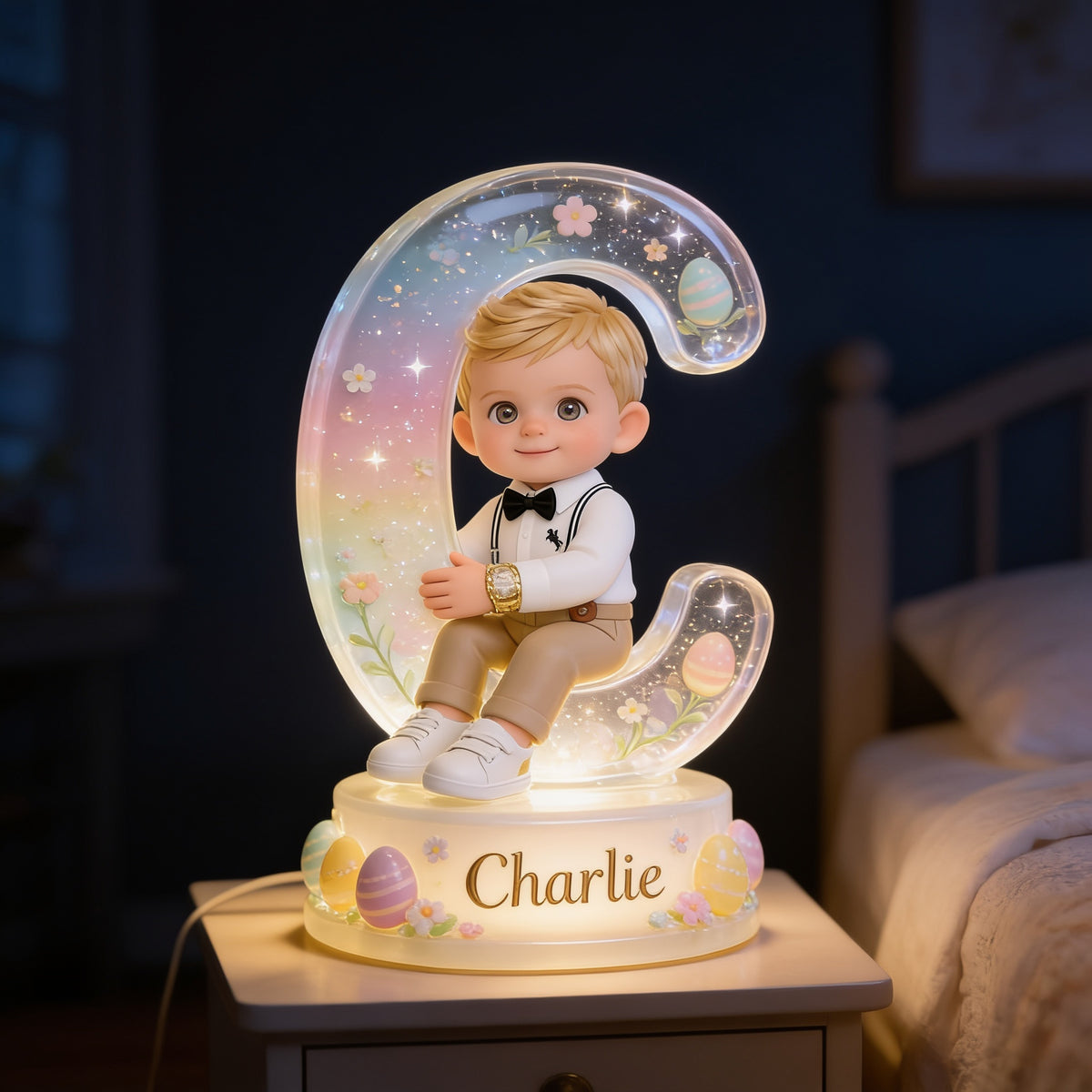 Personalized Easter Blonde Young Boy Acrylic LED Night Light Kids Bedroom Gift