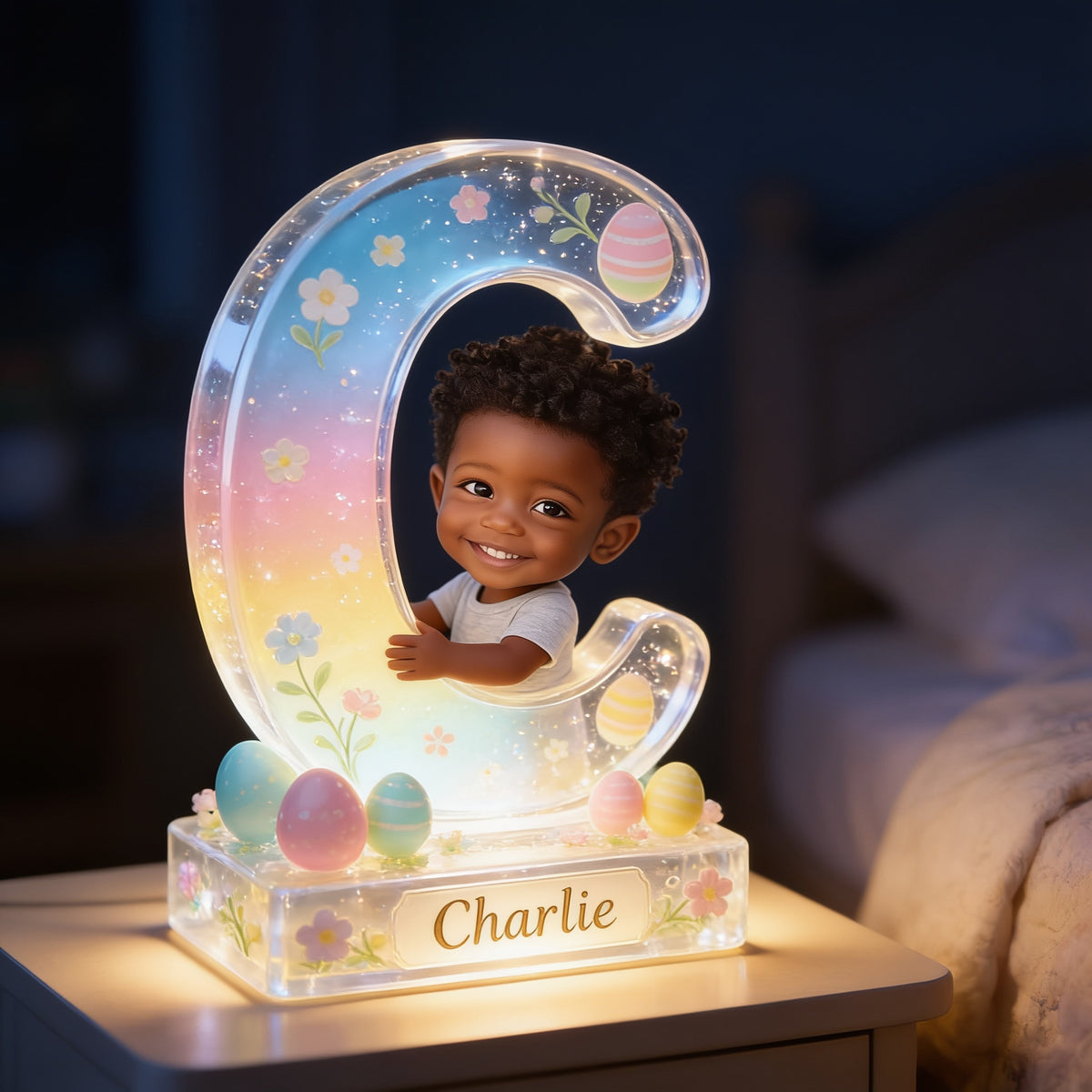 Personalized Easter Smiling Young Boy Acrylic LED Night Light Black Kid Gift