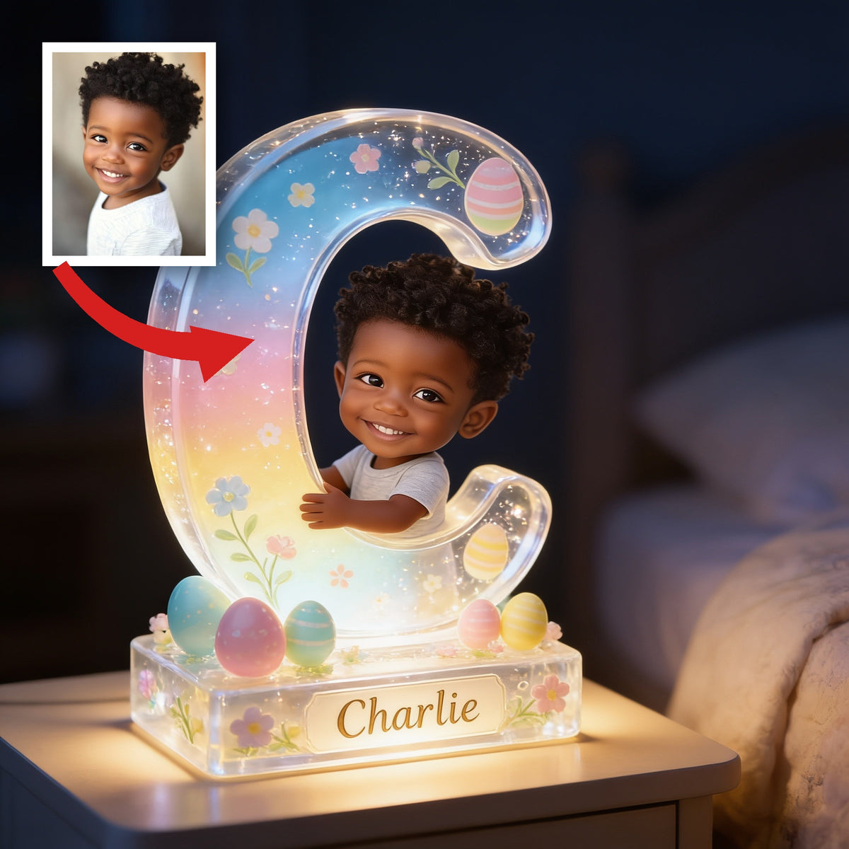 Personalized Easter Smiling Young Boy Acrylic LED Night Light Black Kid Gift