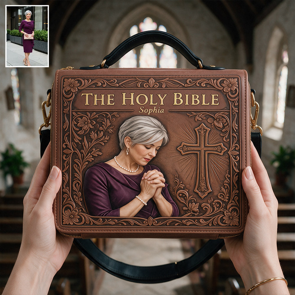 Custom Photo Praying Young Woman Leather Bible Cover Bag Christian Gift
