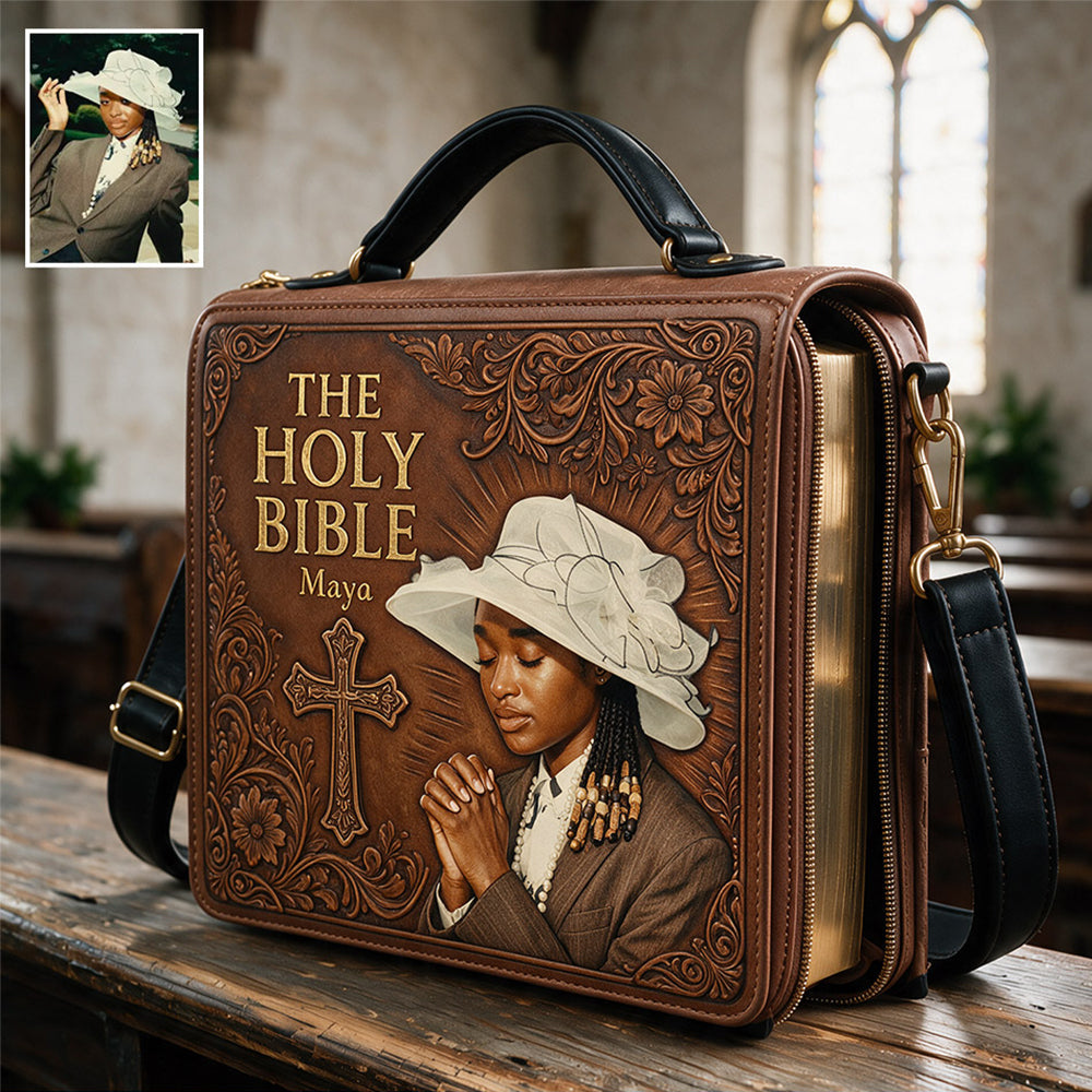 Custom Photo Praying Young Latina Woman Leather Bible Cover Bag Christian Gift