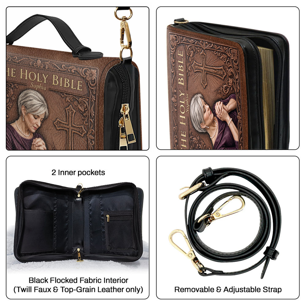 Custom Photo Praying Young Latina Woman Leather Bible Cover Bag Christian Gift