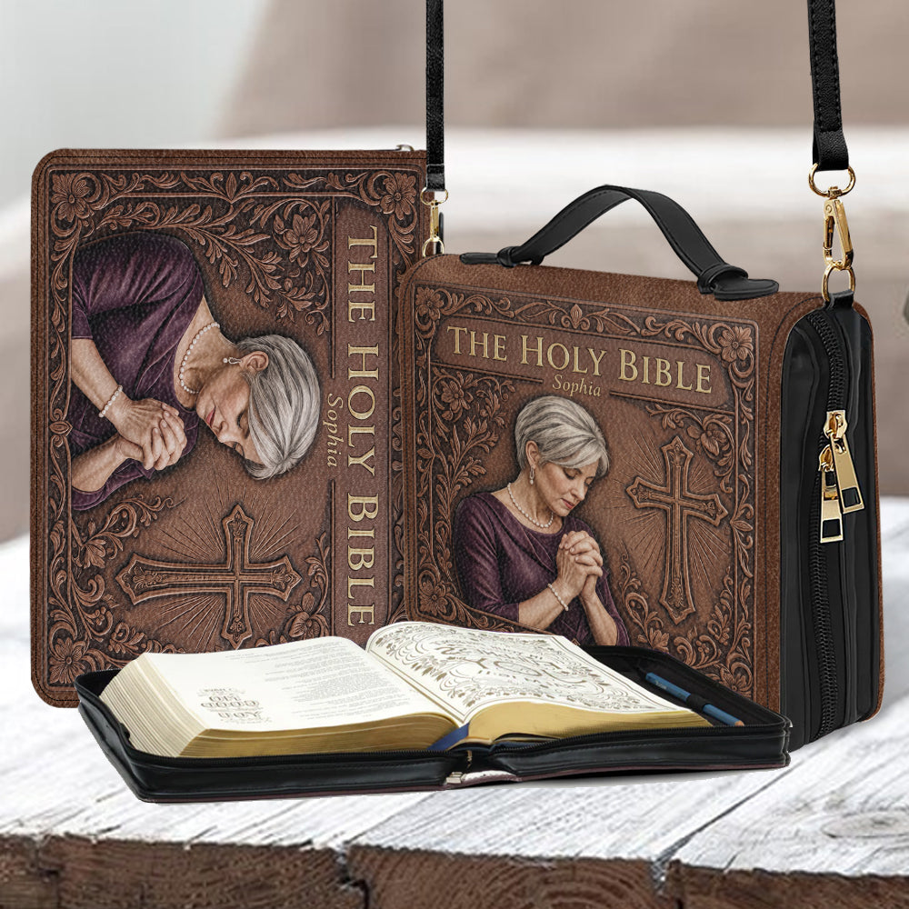 Custom Photo Praying Young Latina Woman Leather Bible Cover Bag Christian Gift