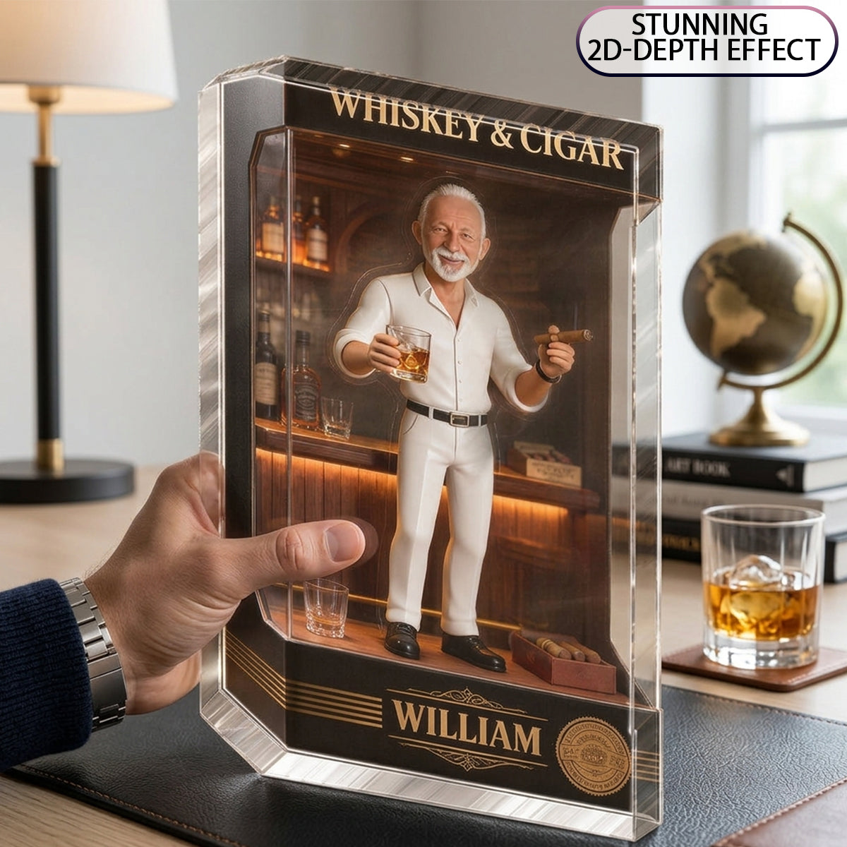 Personalized Elderly Latina Man Whiskey & Cigar Custom Shaped Acrylic Plaque, Bar Gift For Him