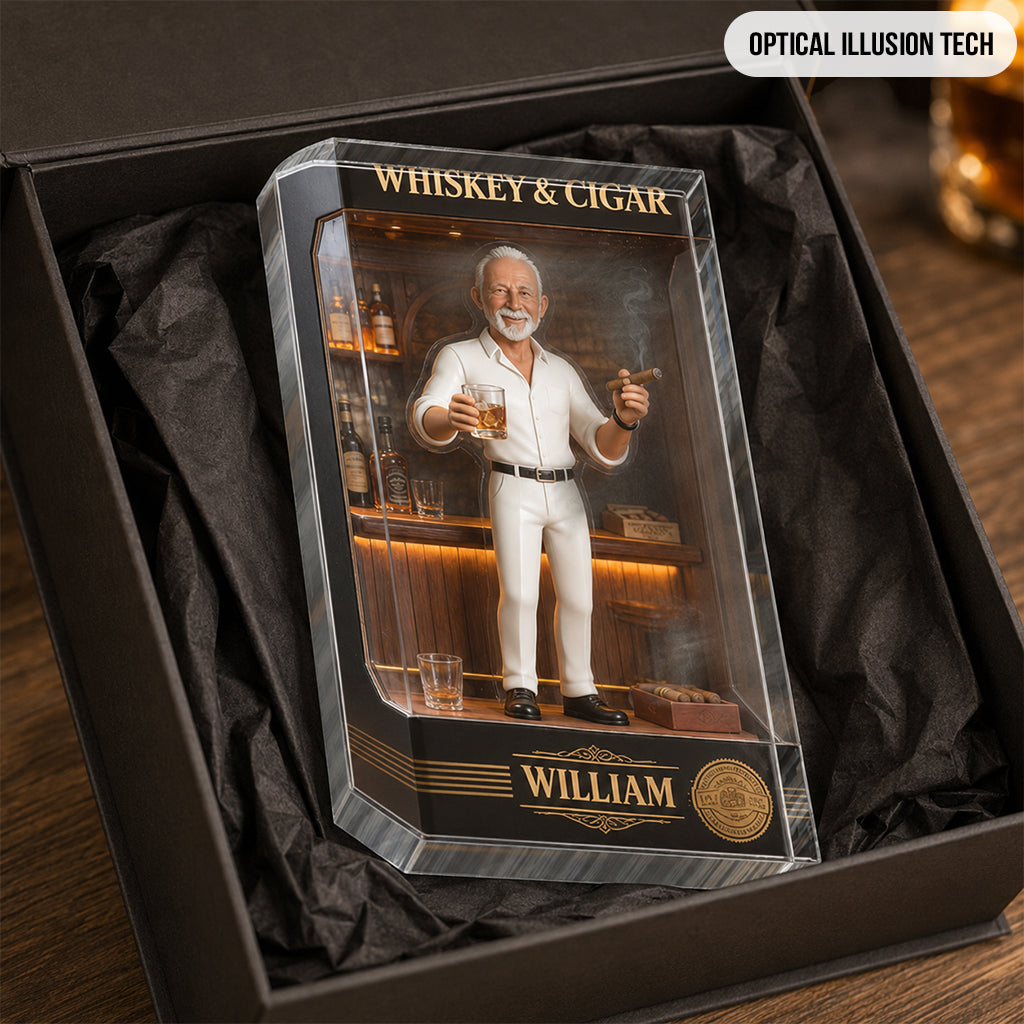 Personalized Elderly Black Man Whiskey & Cigar Shaped Acrylic Plaque Gift for Him